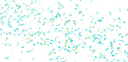 Bright teal and gold confetti falling on white. Perfect for celebrations, parties, and festive designs.