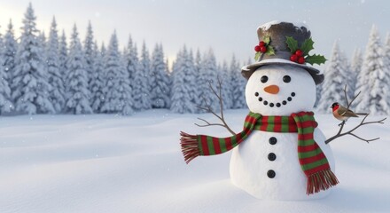 Festive Snowman with Holly Hat and Striped Scarf, Accompanied by a in a Winter Forest Wonderland with Falling Snow