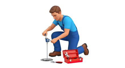3d model focused plumber repairing a drain, expertly using specialized tools, isolated on transparent background