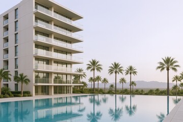Obraz premium Luxury Condo Building with Reflective Swimming Pool and Palm Trees in Desert Landscape at Sunset