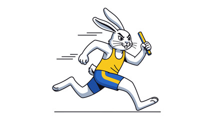 Rabbit in the Relay Race: A determined rabbit cartoon character, embodies speed and focus as it races forward in a relay competition, holding a baton