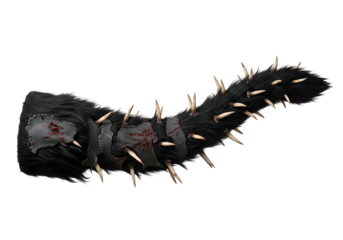 A dark, spiky appendage, covered in fur and tattered leather, shows signs of battle damage.