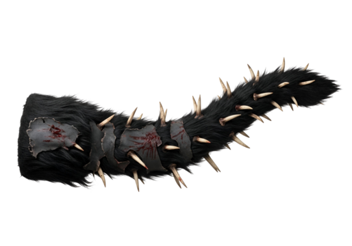 A dark, spiky appendage, covered in fur and tattered leather, shows signs of battle damage.