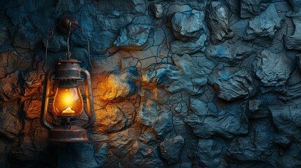 Old lantern hanging on a stone wall casting warm light