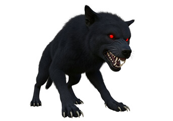 Obraz premium A menacing, black wolf, with glowing red eyes, displays a fierce posture against a black background.