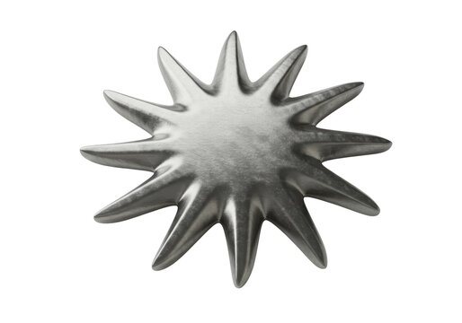 Isolated starburst shape with textured metallic surface, shiny ten-pointed abstract star