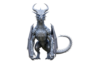 A magnificent, stylized dragon, rendered in a cool gray, commands attention against a stark black backdrop.