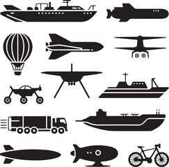 Diverse collection of transportation and vehicle silhouette icons vector illustration