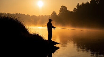 Fisherman stands on riverbank while casting line into tranquil water. Surrounding trees are bathed in golden light. Mist rises from surface as sun rises on peaceful morning