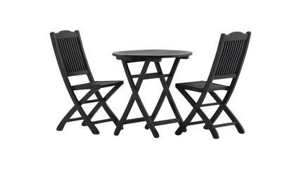 Closeup Black Elegant Two Folding Wooden Garden Furniture Set with Table and Chairs isolated on transparent Background