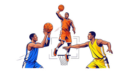 Basketball Action: Capturing the dynamic spirit of a basketball match, a trio of players engage in a thrilling competition, illustrating the intensity of sportsmanship.