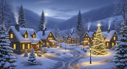 Enchanting Christmas Village in a Snowy Mountain Valley at Night with Glowing Lights and a Full Moon
