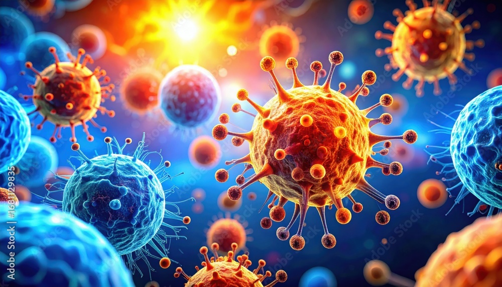 Poster a vibrant digital illustration of viruses in space, showcasing their complex structures and interact