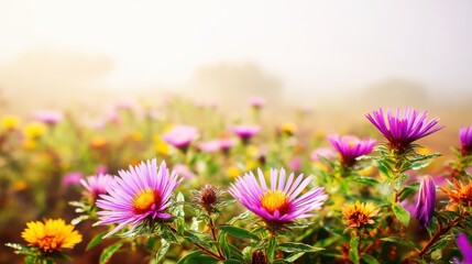 Fototapeta premium Vibrant flower blooming in misty meadow nature photography serene environment close-up view botanical concept
