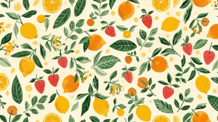 Summer Fruit and Leaves. bright and fresh seamless pattern featuring various summer fruits (lemons, oranges, strawberries) and tropical leaves. The illustrations are stylized and clean