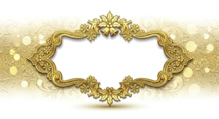 Elegant Golden Christmas Frame with Holly, Bells, and Snowflakes on a Sparkling White and Gold Festive Background for Holiday Greetings