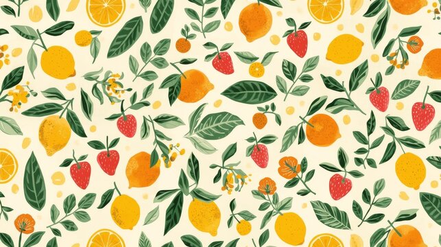 Summer Fruit and Leaves. bright and fresh seamless pattern featuring various summer fruits (lemons, oranges, strawberries) and tropical leaves. The illustrations are stylized and clean
