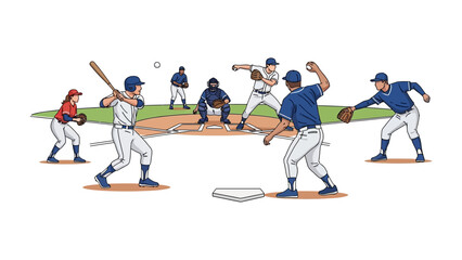 Obraz premium Baseball Game in Action: A dynamic illustration of a baseball game in full swing, with players strategically positioned. Capturing the essence of this team sport, featuring the pitcher's throw.