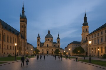 Fototapeta premium Illuminated Basilica in Europe at Dusk: Majestic Architecture and Urban Landscape Scenery