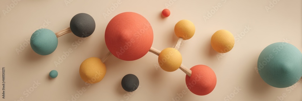Poster colorful model of molecular structure created with various shapes and sizes of balls placed on a lig