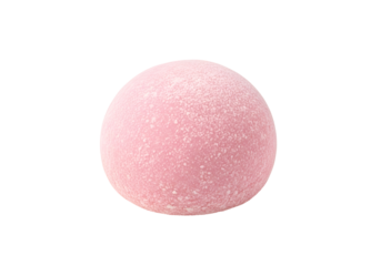 A single, perfectly formed, light pink mochi ball stands out against a deep black background.