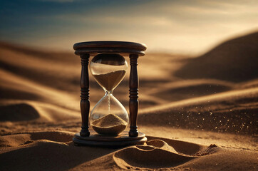 Hourglass measuring time in a desert landscape at sunset