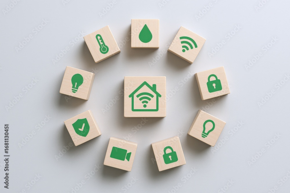 Poster smart home automation: green icons on wooden blocks representing connected technology and security s