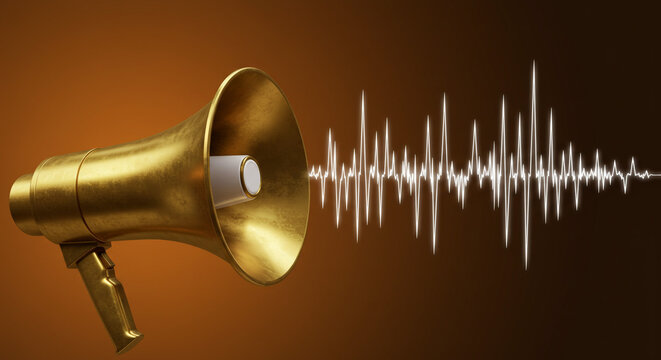 Golden megaphone blasts sound waves, symbolizing impactful communication and audio broadcasting