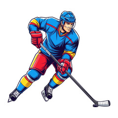 Fototapeta premium Ice Hockey Player in Action: A dynamic illustration captures a focused ice hockey player in full stride, expertly wielding his stick as he moves with speed and agility across the rink.