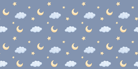 Seamless cute baby pattern with moon stars and clouds on dark background, child textile design