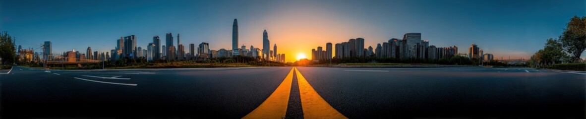 Cityscape panorama at sunset with empty road leading to the skyline, urban development concept