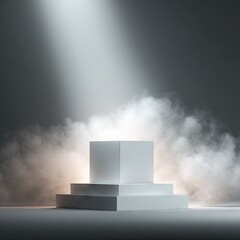 White cube podium, spotlight, smoke