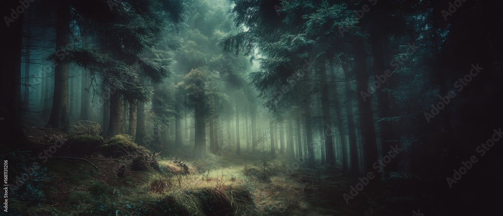 Poster mystical forest with fog and sun rays filtering through trees, creating a dramatic scene