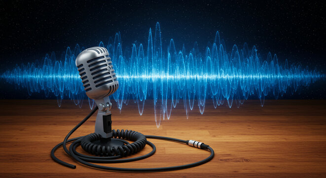 Vintage microphone captures dynamic sound waves, symbolizing audio innovation and broadcast excellence