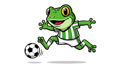 Soccer Frog Mascot: A lively cartoon frog in a soccer jersey, dribbling a soccer ball with playful enthusiasm and energy, ready for action on the field.