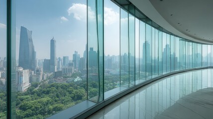 Fototapeta premium Modern Office Building Interior with Panoramic City View Through Curved Glass Windows During Daytime
