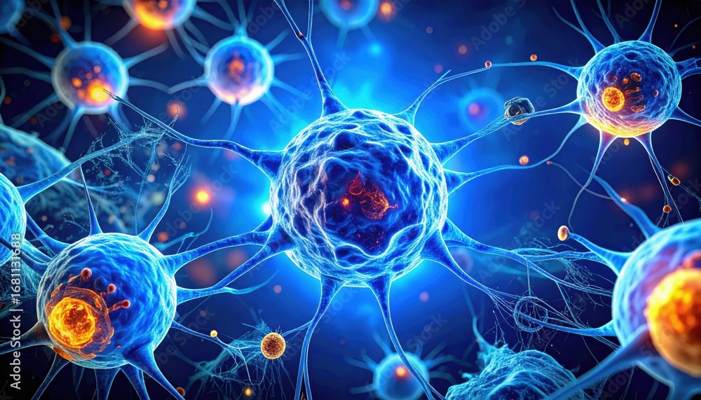 Poster a vibrant depiction of neurons interconnected by synapses, showcasing the intricate and dynamic netw