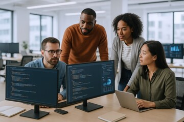 Diverse team collaborating on coding project, reviewing code, analyzing data, and problem-solving in modern office