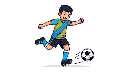 Young Football Prodigy: A vibrant illustration captures a young boy's dynamic moment, mid-kick, launching a soccer ball, showcasing the energy of sports and youth.