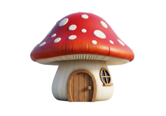 A charming, whimsical mushroom-shaped house with a red, spotted cap, a small wooden door, and a simple window, set against a black background.