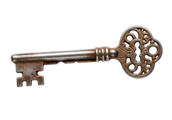An antique key, rusted and ornate, sits against a stark black backdrop, highlighting intricate details and aged metal.