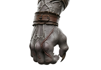 Close-up of a weathered hand with prominent veins, scars, and a leather wristband, set against a stark black background.