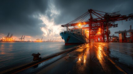 Obraz premium Container Ship at Port Terminal During Stormy Weather, Showcasing Global Trade and Logistics