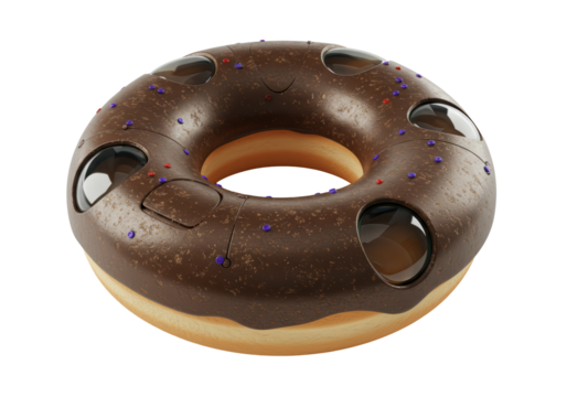 Isolated futuristic chocolate glazed donut with viewport windows, perfect sweet treat design