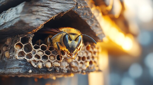 Close-up photo capturing a honey bee peeking from its nesting honeycomb structure