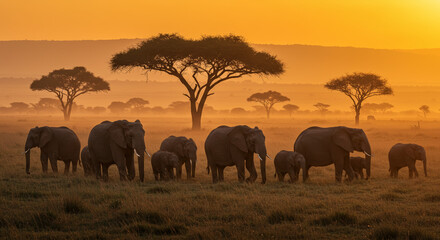 Fototapeta premium A majestic herd of African elephants with their calves walking across the savanna during a beautiful, hazy golden sunrise
