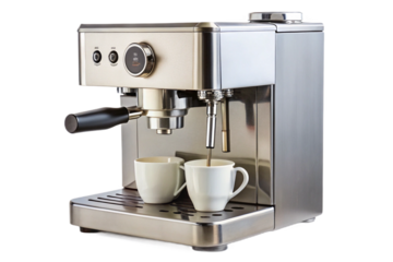 Modern stainless steel espresso machine brewing fresh coffee for two cups isolated transparent background
