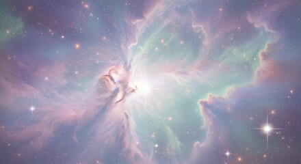 Vibrant Cosmic Nebula with Radiant Star and Swirling Pastel Clouds