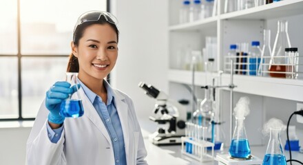 A scientist holds a beaker filled with blue liquid, displaying enthusiasm for her work. She stands in a well-equipped laboratory filled with glassware and scientific equipment during daylight hours