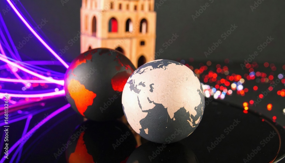 Poster two decorative globes are placed on a reflective surface, with colorful lights in the background and